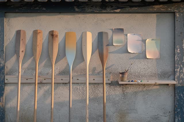 A serene small boatyard paint wall under a roof edge: painted oars dry vertically in a muted dawn spectrum, with blank c