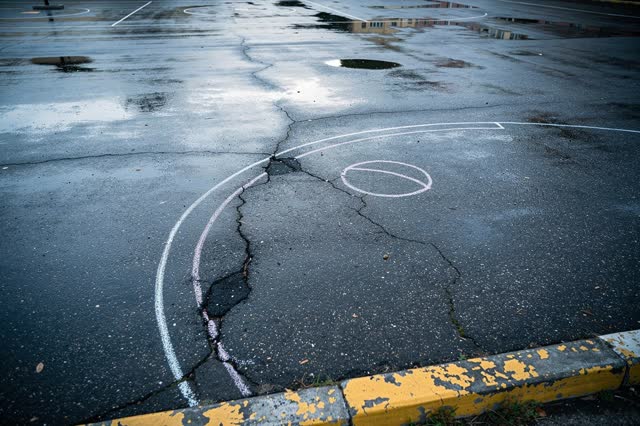 A tender repair image in an empty schoolyard after rain: wet asphalt holds faded chalk game arcs, and a darker patched s