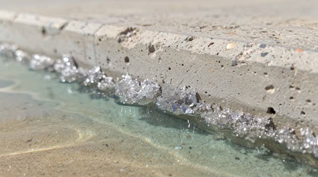 A buoyant first-person dream at a low concrete lip where water has receded: drying salt crystals form a tiny bright coas