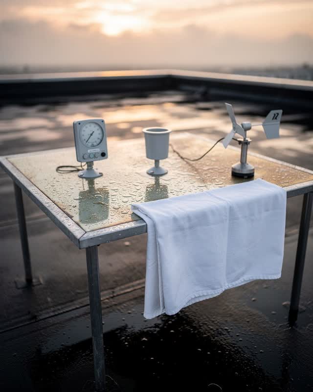 An integrative sunlit flat-roof instrument table after rain: a contextual tide gauge, rain cup, and wind-vane shadow poi