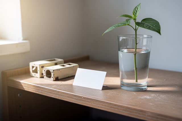 A serene quiet image in a clean daylight storage alcove: a low side shelf holds a few old scuffed ivory casing parts bes