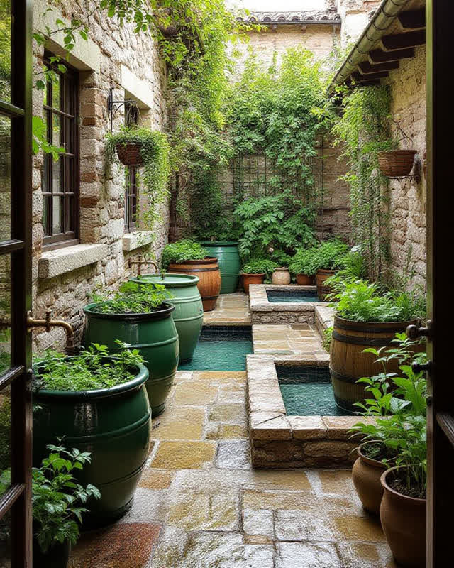 An integrated courtyard after rain: several green rain barrels, potted herbs, laundry screens, stone channels, a brass s