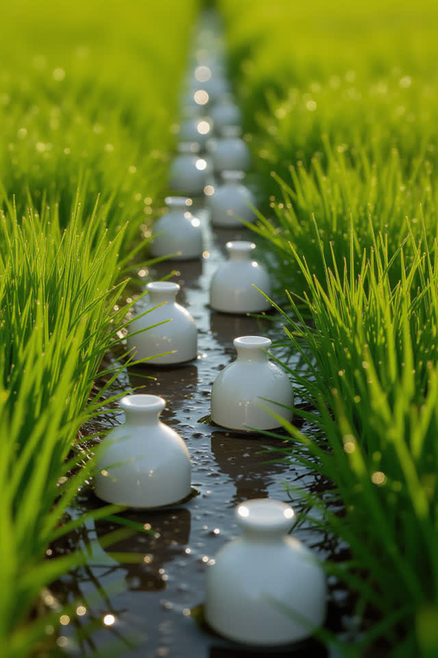 A playful uncanny first-person observation in a narrow grass strip after rain: blank ceramic markers sit half-buried and