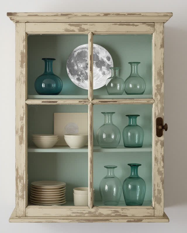 An integrative shallow airing cabinet scene: drying glass pieces, a scuffed old casing part, and a few blank cream cards