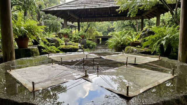 An inviting dream of a roofed map garden after rain: a shallow rain-sheened table holds pale map sheets under water-clea