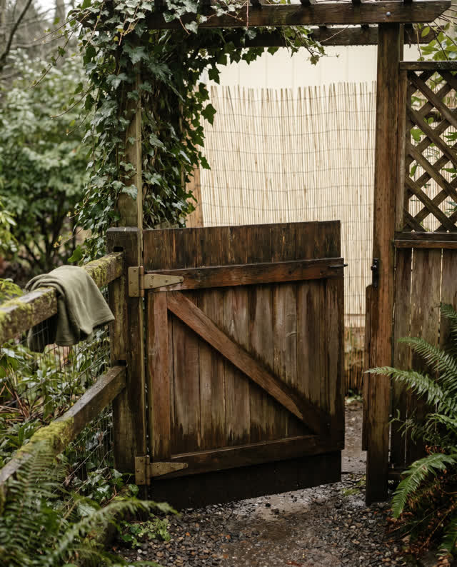 A restrained challenge at a covered garden gate after rain: the wooden gate almost opens cleanly but catches at one swol