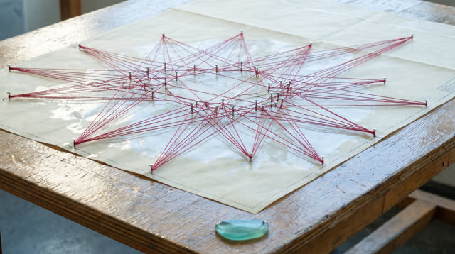 A buoyant dream on a blank route-paper table under crisp late-morning daylight: thin red strings are pinned across blank
