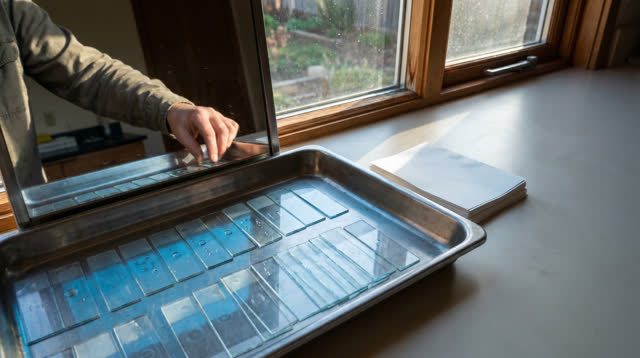 A lucid first-person self-portrait on a bright drying counter beside a practical window: blank glass slides dry in a sha