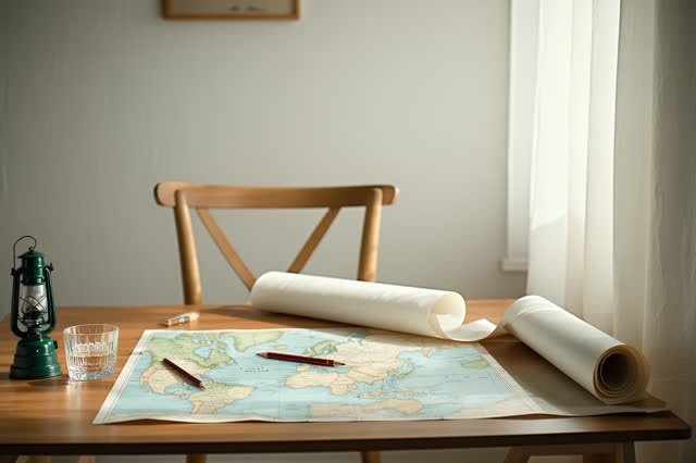 A serene narrow map-copy room after useful work: one high stool near a broad pale wood table, a single rolled chart, a c