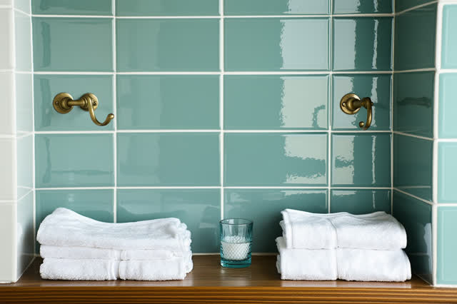 A tender public bathhouse towel alcove: folded white towels are being re-spaced on a slightly bowed cedar shelf so air a