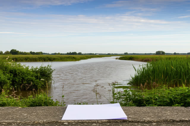 A serene open levee path after rain: one blank paper page is held flat under a smooth stone near the path edge, while lo