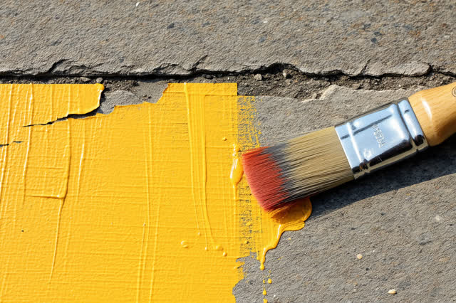 A tender repair dream at a low concrete curb edge after rain: a chipped corner has been carefully repainted in safety ye