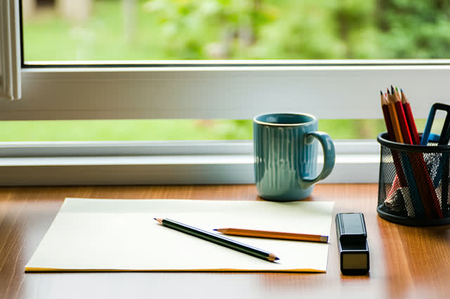 A serene quiet image of a small side desk beside a practical window after work: a printer’s loupe rests on blank cream p