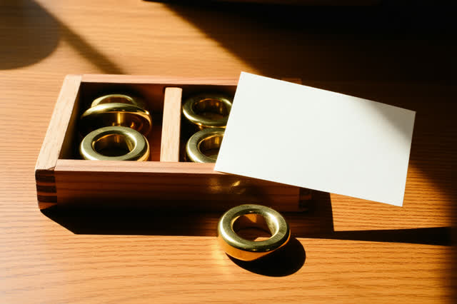 A tender calibration repair scene: a modest wooden drawer is pulled half open on a side table, holding brass weights bei
