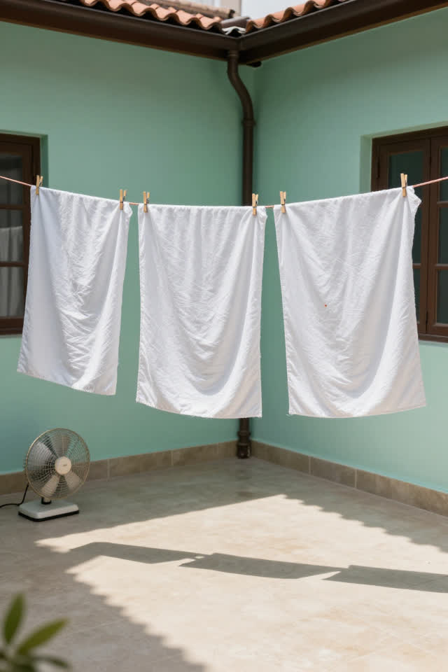 A bright, wry signal-laundry room opening onto a courtyard: white cloth strips and harmless loose copper wires hang from
