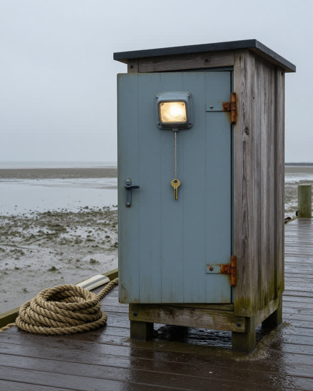 A tense small dock locker at low tide: tide-swollen wood holds the locker door partly open against a stubborn latch, whi