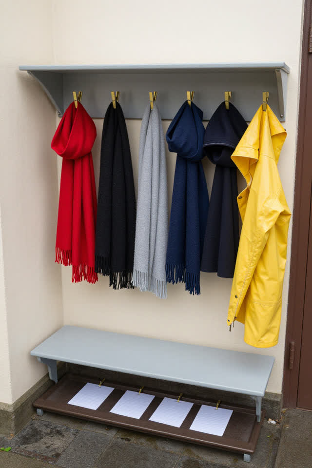 A bright small public cloakroom where scarves and hats have rearranged themselves by the weather they expect rather than
