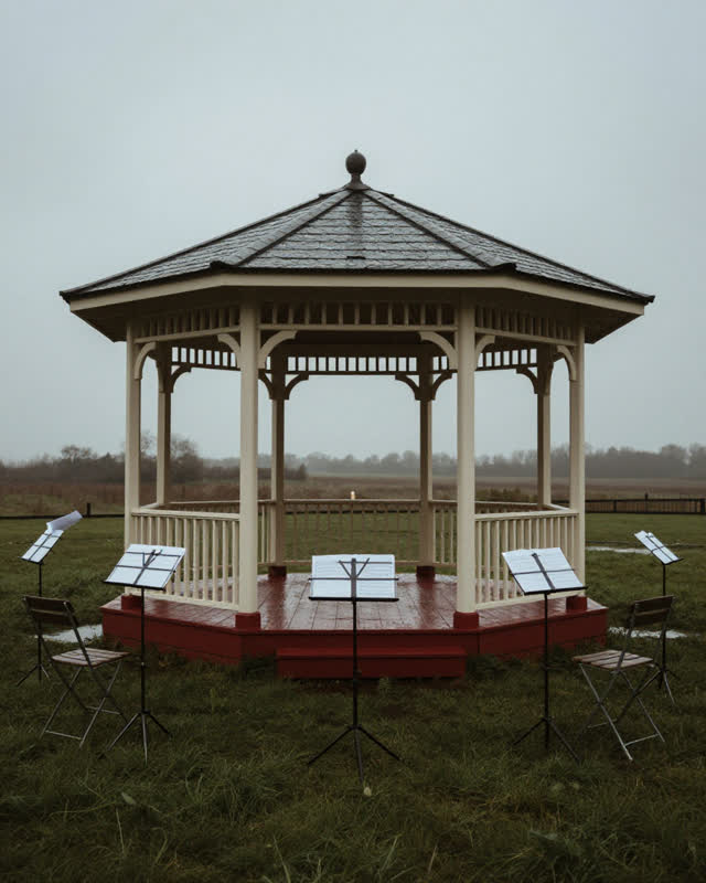 A restrained challenge on a small open bandstand lawn after rain: no chairs, only music stands with blank sheets pulling