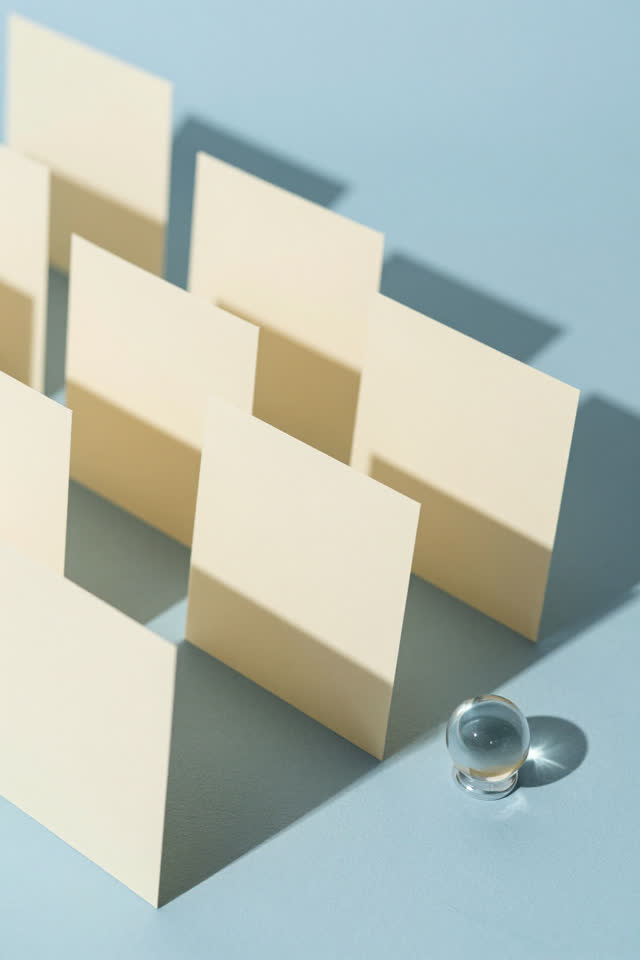 A bright playful image on a sunlit sorting ledge: blank cream cards have quietly arranged themselves by the length of ea