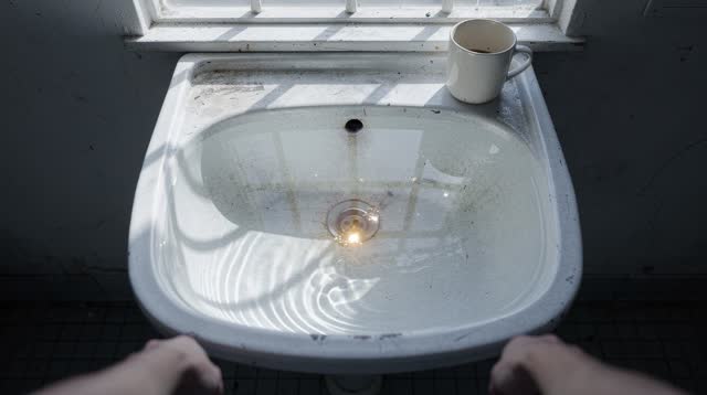 A lucid first-person self-portrait in a plain public utility room: a sunlit scuffed enamel wash basin holds shallow wate