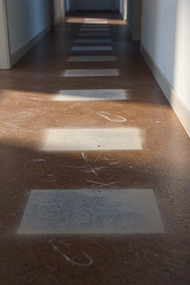 A playful uncanny image of a clean hallway floor after objects have been moved and replaced: dust-free rectangles line u