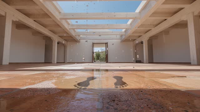 A buoyant first-person dream in an airy covered courtyard after a sun shower: hundreds of irregular rain droplets have p
