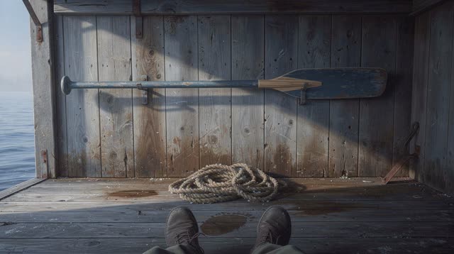 A lucid first-person self-portrait in an open-sided wooden boathouse during a cold clear morning: one heavily used blue-