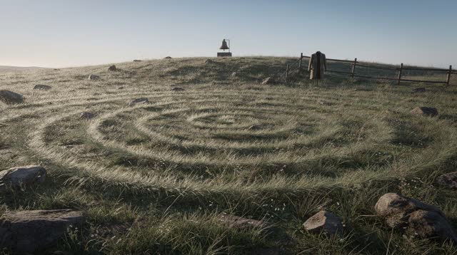 A lucid first-person dream across a broad meadow at early sunrise: a small plain bell on a distant low hill has just mov
