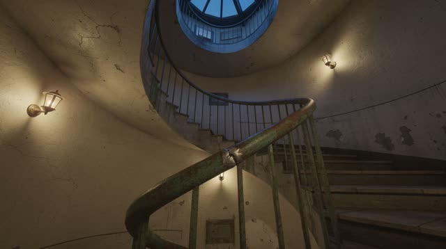A lucid first-person self-portrait inside a compact circular stairwell at night: one dull oxidized handrail curves conti
