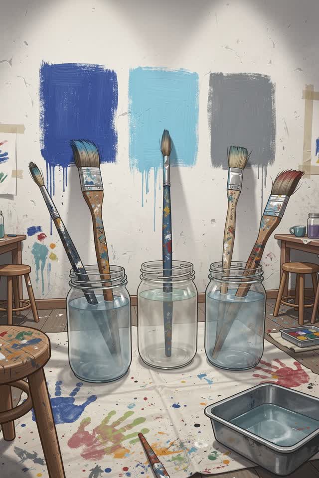 A bright playful image in a community art room after evening class: five heavily used paintbrushes stand in separate clo
