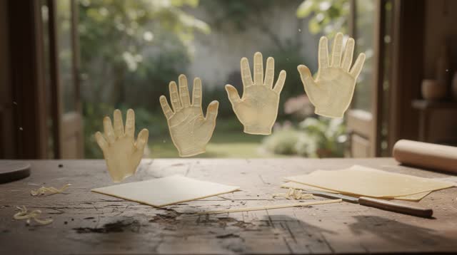 An intimate first-person dream in a sunlit wax-working room opening onto a garden court: several thin translucent beeswa