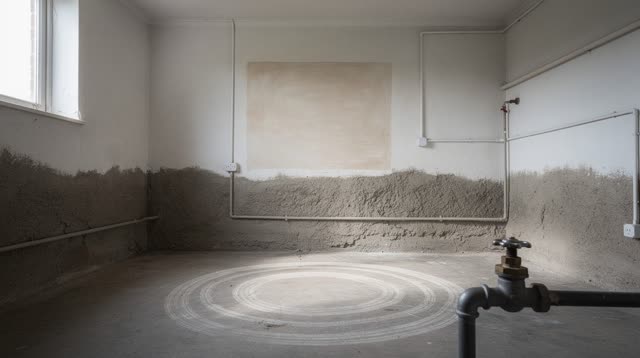 A lucid first-person self-portrait in a modest coastal laundry room after a large water tank has been removed. The chalk