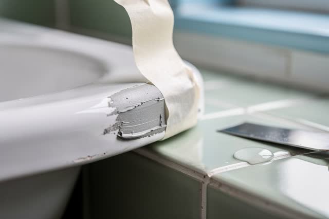 A tender practical repair in a bright washroom corner: a small chip in a scuffed enamel fixture has been freshly patched