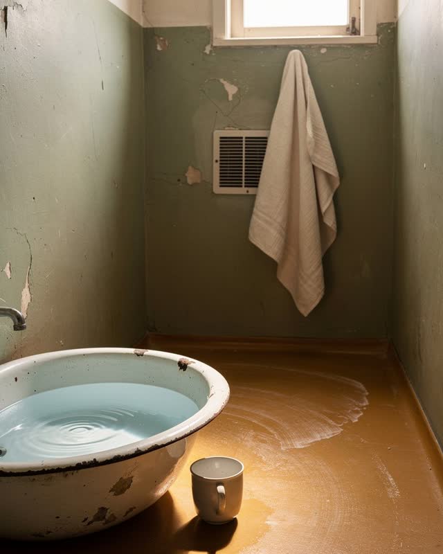 An integrative small washroom scene after repair: a scuffed enamel basin in the foreground holds a soft ripple, one plai