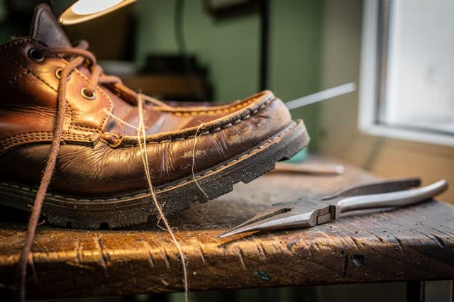 A tender practical repair in a compact cobbler's room: one worn walking shoe is held on a scratched wooden rest while th
