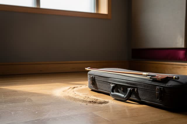 A serene quiet image in a small acoustic practice room between sessions: one well-used cello bow rests horizontally acro