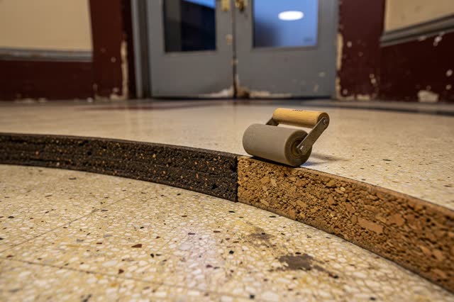 A tender practical repair in an old theater lobby before reopening: a badly compressed cork expansion strip is being rem