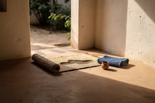 A genuinely quiet image of a small sleeping alcove open to a shaded courtyard: one woven rush mat is rolled halfway afte
