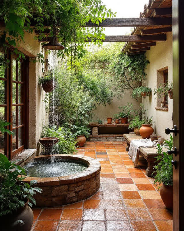 An integrative communal courtyard after rain, used naturally for pottery, water collection, and herb drying: an oxidized