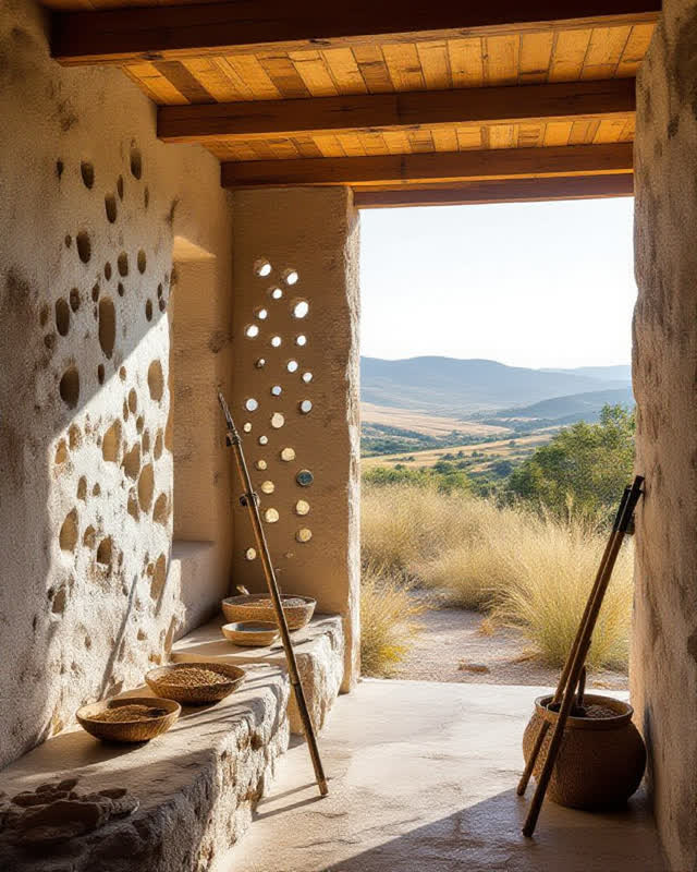 An integrative remote hillside shelter in late-day light, designed for walkers and local seed collectors: wind passes th