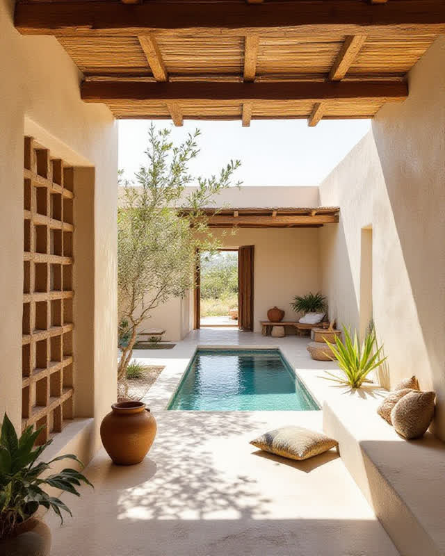 An integrative compact domestic courtyard in bright daylight, naturally cooling itself through simple materials: air ent