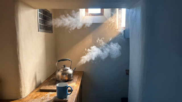 A buoyant first-person dream in a small kettle alcove: steam from a modest steel kettle bends sideways in a cool draft f