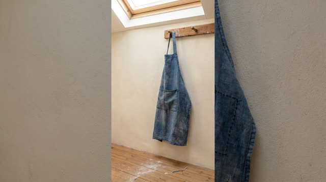 A lucid first-person self-portrait in a bright tailoring room after work: one faded indigo work apron hangs from a rubbe