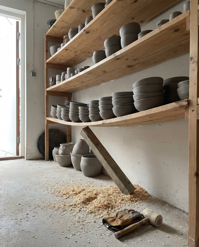 A restrained challenge in a daylight ceramics storeroom: a long worn pine shelf has begun to bow visibly beneath uneven