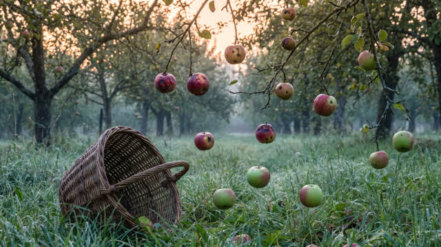 A compassionate first-person dream in a small orchard just after dawn: windfallen apples hover quietly a few inches abov