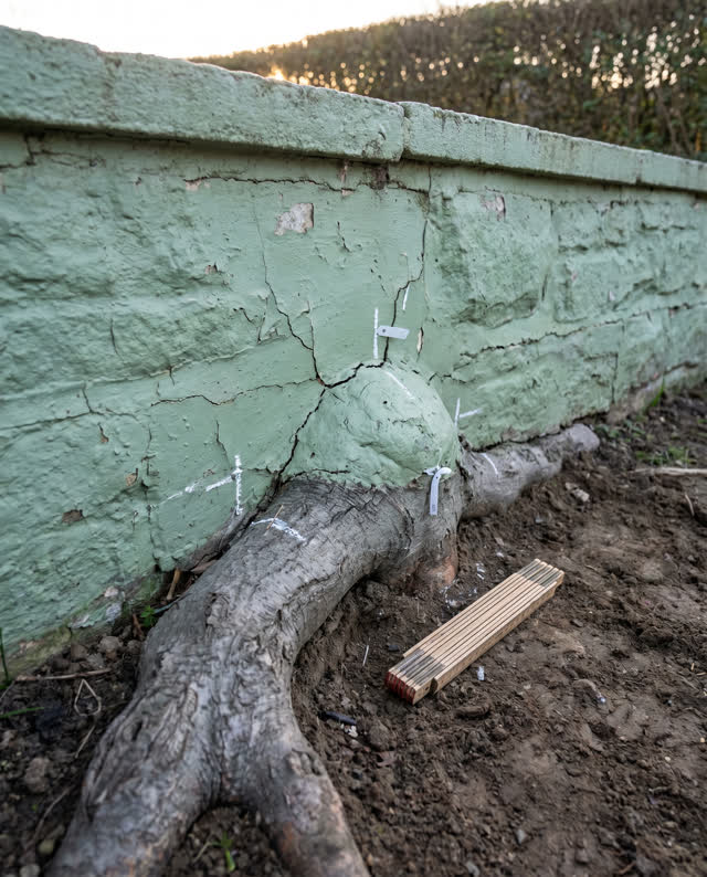 A restrained challenge at a painted masonry garden boundary in flat cold morning light: one mature tree root has pushed