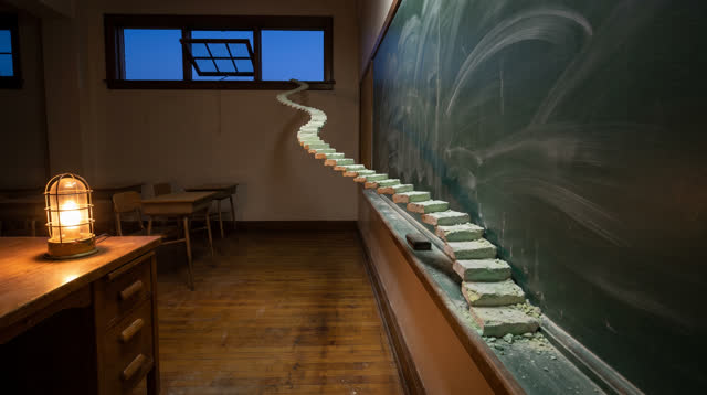 A buoyant first-person dream in an empty classroom at evening: chalk dust from a freshly erased dark green board has gat