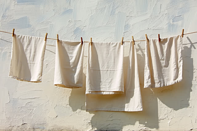 A serene quiet image of an open laundry line in soft afternoon daylight: plain linen cloths hang with open air between t