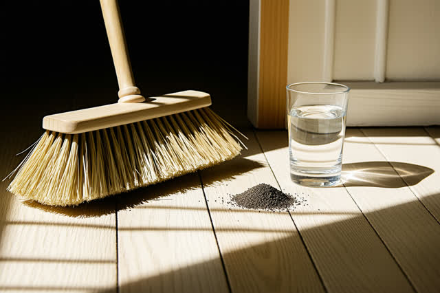 A genuinely quiet image of a shaded wooden porch after sweeping: one worn straw broom rests against a plain post, curved