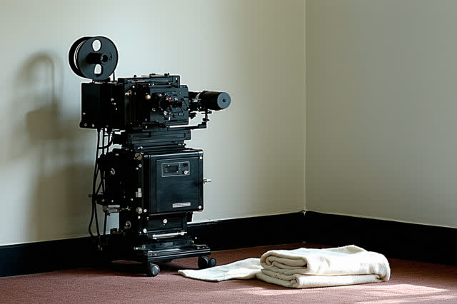 A genuinely quiet image in a small cinema projection booth after the final screening: one matte black projector stands s